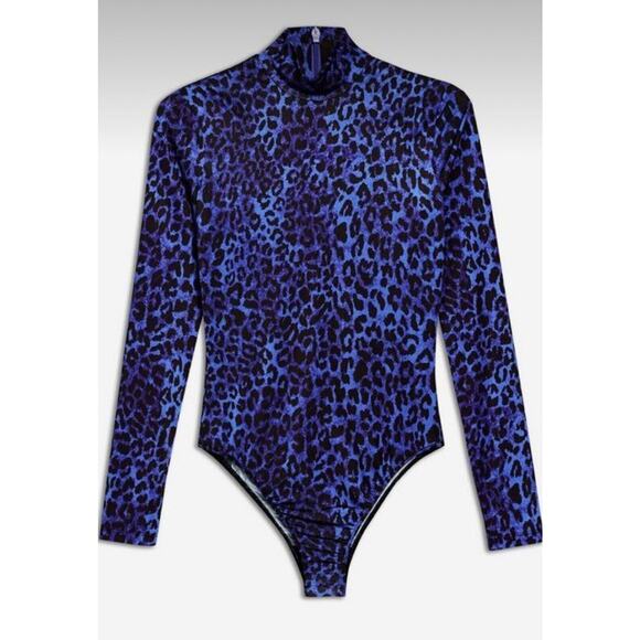 Topshop x Halpern Blue & Black Cheetah Mock Neck Back Zip Snap Bottom Bodysuit 2 - Picture 1 of 15